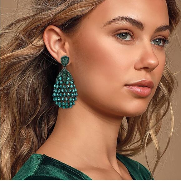 Carbon Black with Emerald Austrian Crystal Teardrop Chandelier Post Earrings - Picture 3 of 5